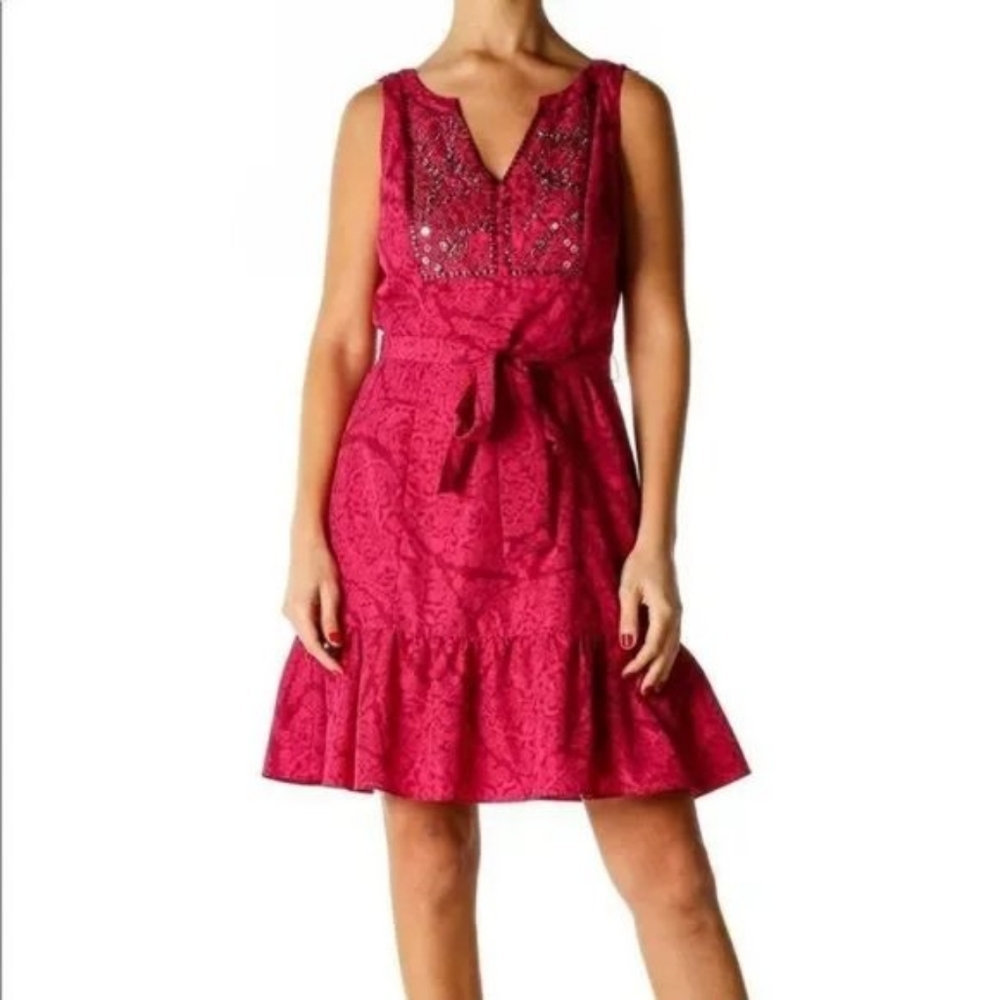 White House Black Market Pink Moroccan Sleeveless Belted Dress Misses Size Large
